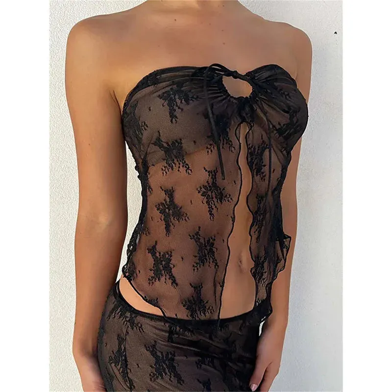 2024 New Lace Bustiers Corsets Strapless Off Shoulder Tubes Party Mesh See Through Tank Summer Mini Vest Tank Top