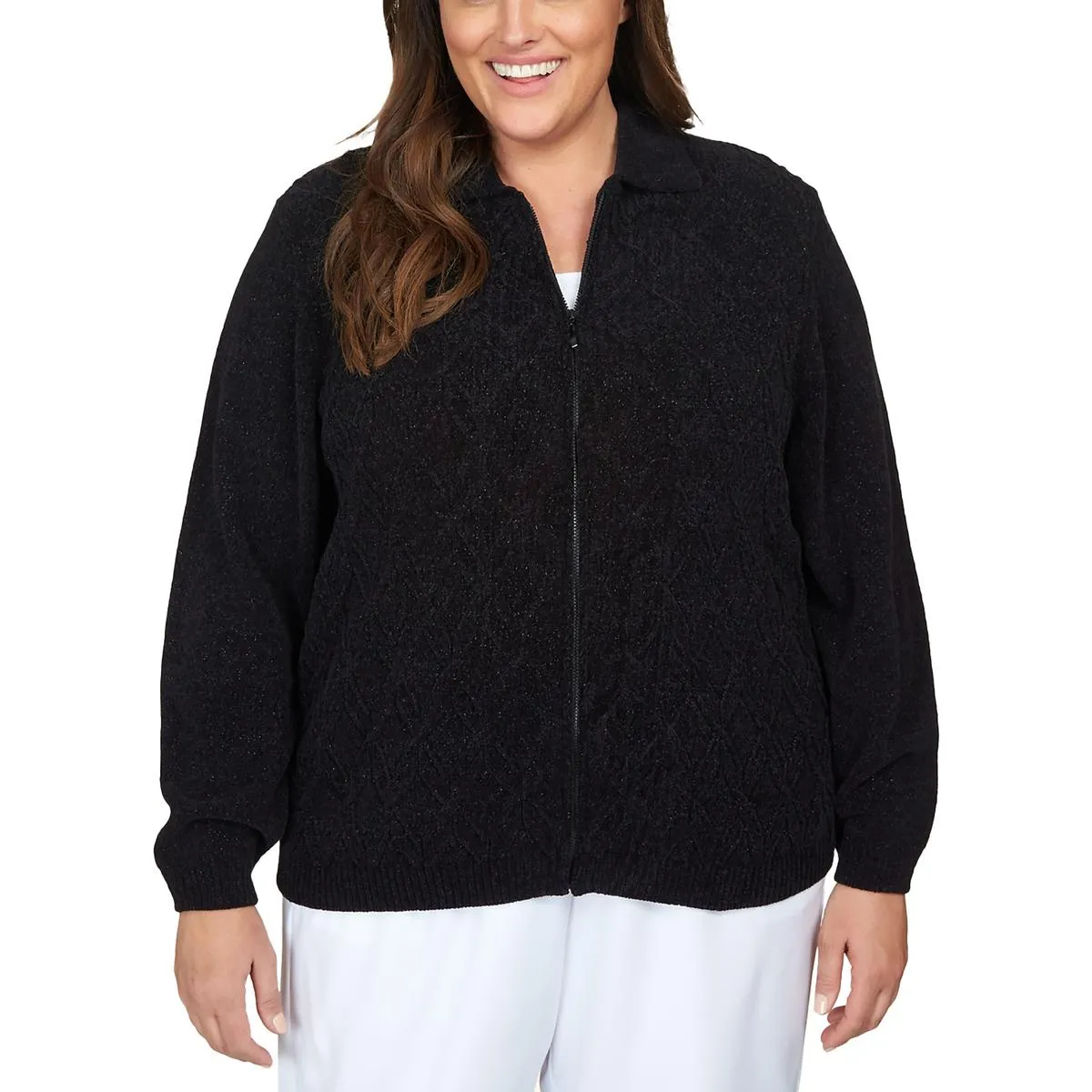 Alfred Dunner Womens Plus Zip Up Comfy Cardigan Sweater