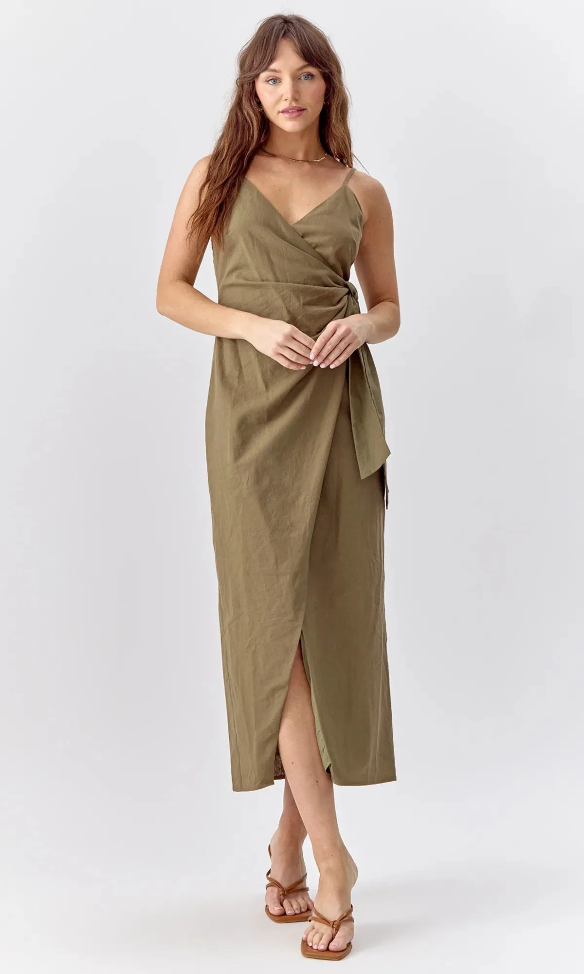 Aniston Wrap Tie Dress Linen Slip ~ Deep Olive