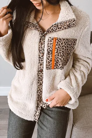 Apricot Leopard Patchwork Zipped High Neck Fleece Jacket