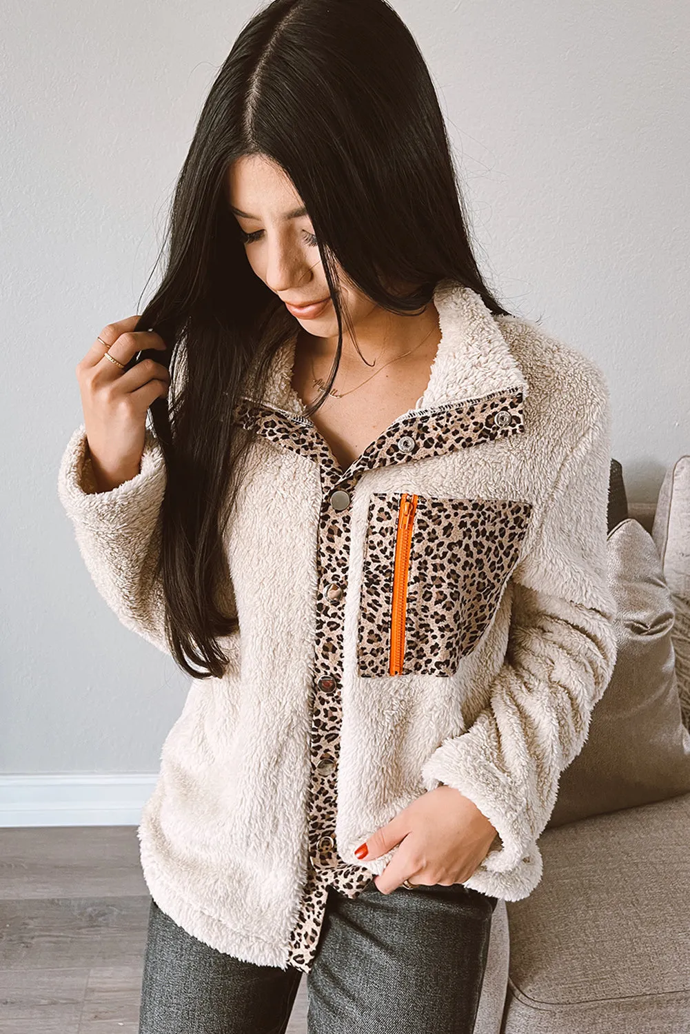 Apricot Leopard Patchwork Zipped High Neck Fleece Jacket