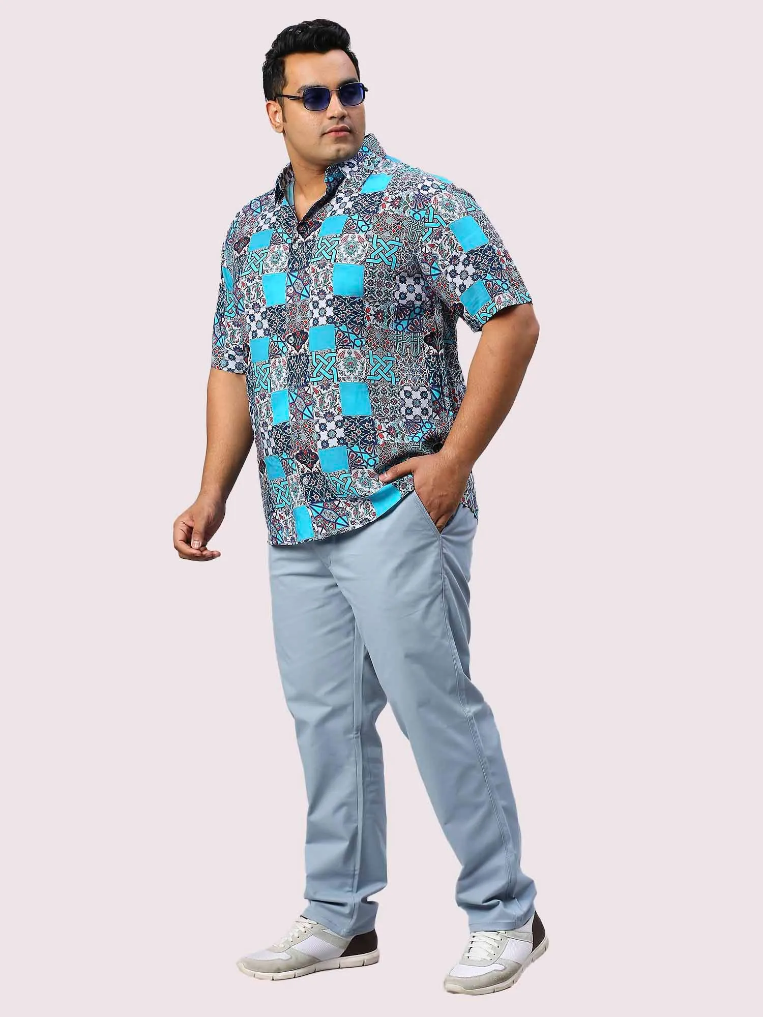 Aqua Blue Solid Cotton Trouser Men's Plus Size