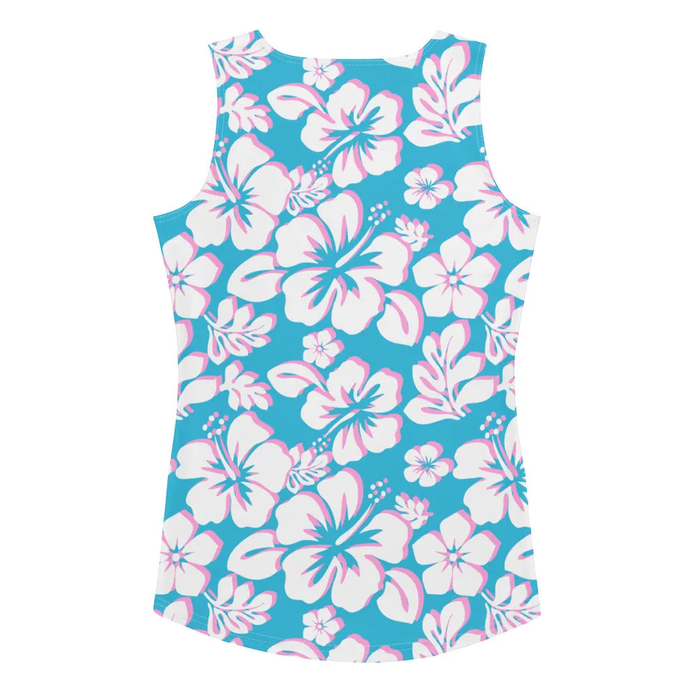 Aqua, Pink and White Hawaiian Flowers Women's Athletic Swim Tank Top