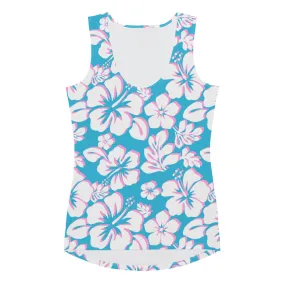 Aqua, Pink and White Hawaiian Flowers Women's Athletic Swim Tank Top