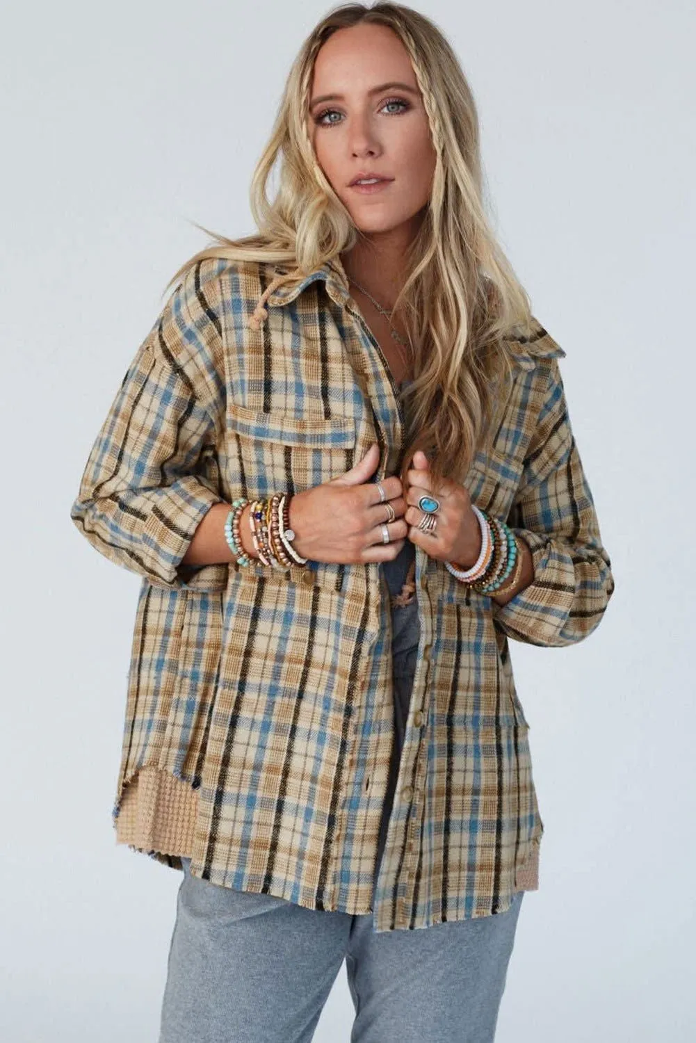 Ashleigh Blue Waffle Knit Patchwork Plaid Hooded Shacket