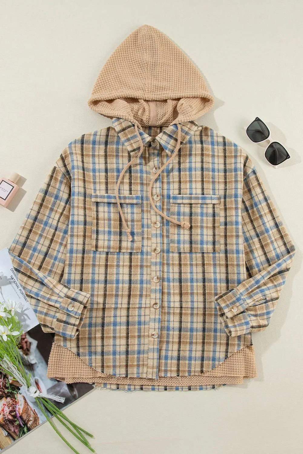 Ashleigh Blue Waffle Knit Patchwork Plaid Hooded Shacket