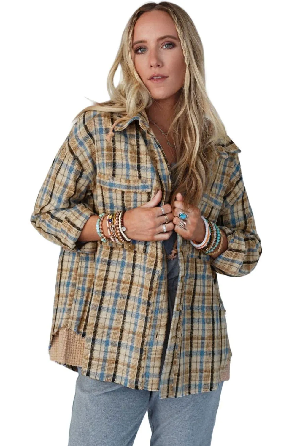 Ashleigh Blue Waffle Knit Patchwork Plaid Hooded Shacket