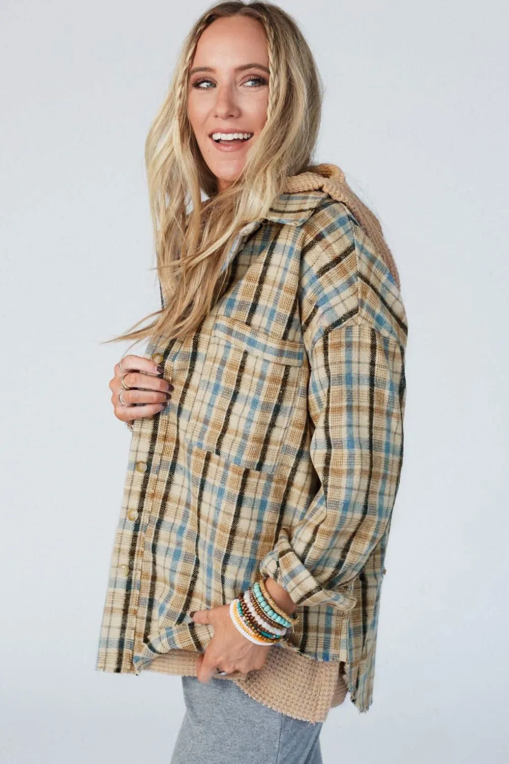 Ashleigh Blue Waffle Knit Patchwork Plaid Hooded Shacket