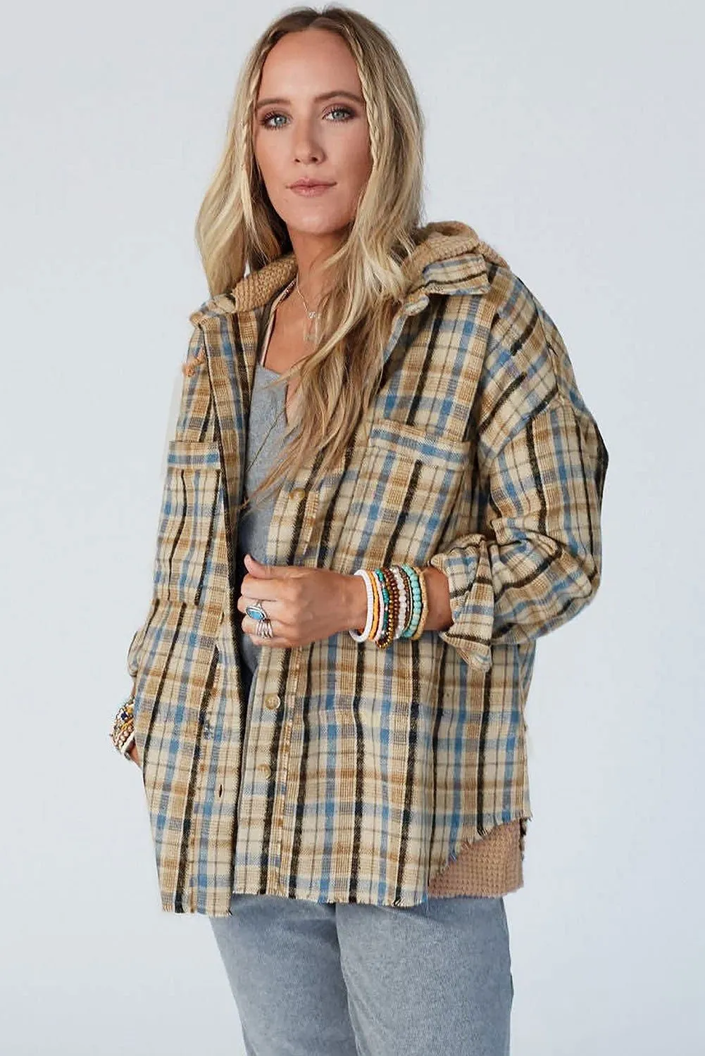 Ashleigh Blue Waffle Knit Patchwork Plaid Hooded Shacket