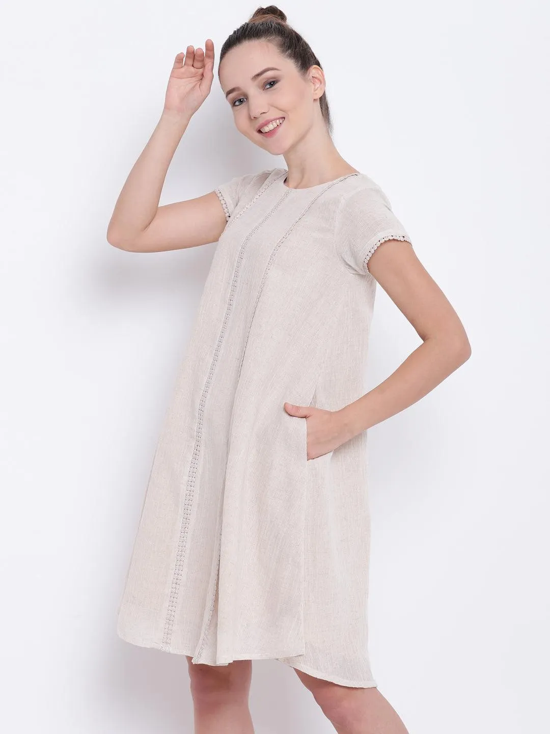 Beige Pure Cotton Lace Dress