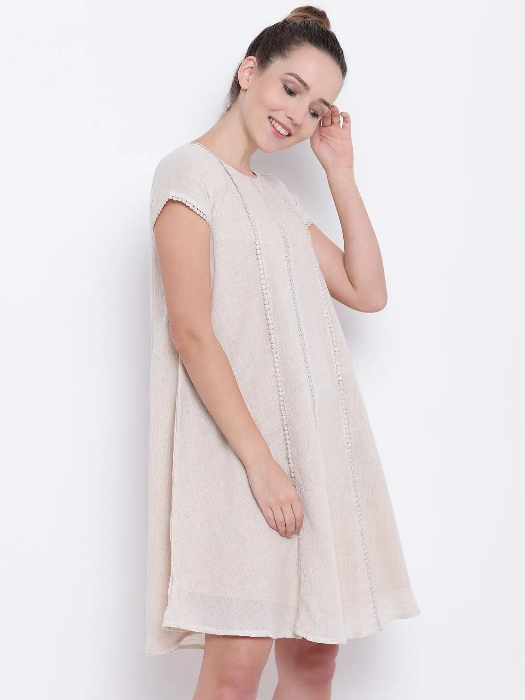 Beige Pure Cotton Lace Dress