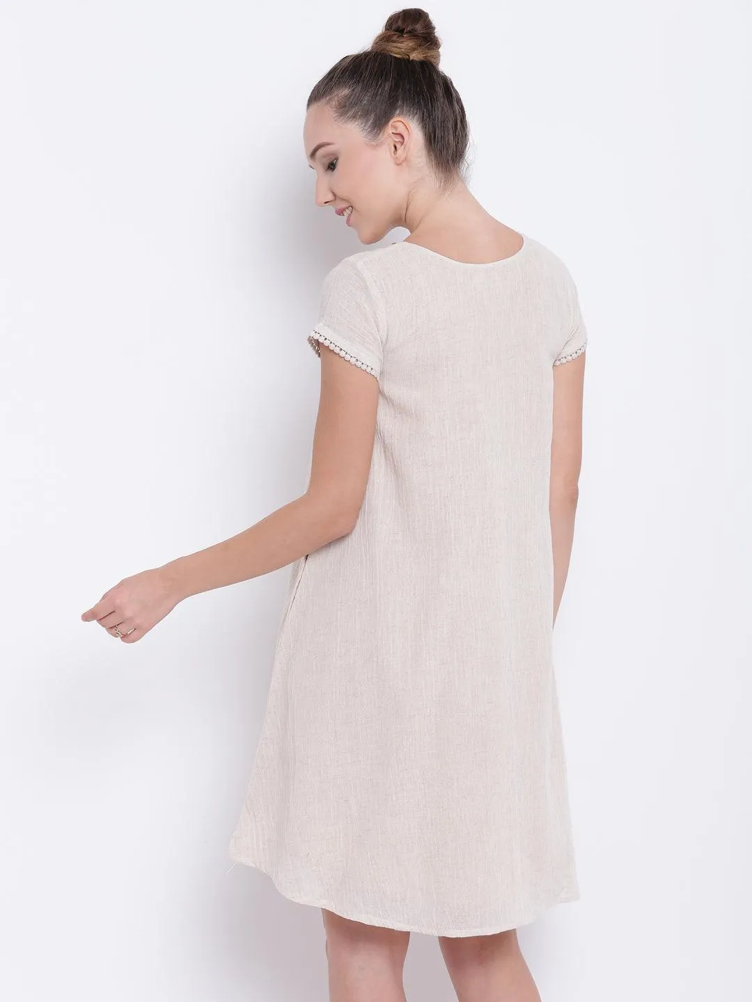 Beige Pure Cotton Lace Dress