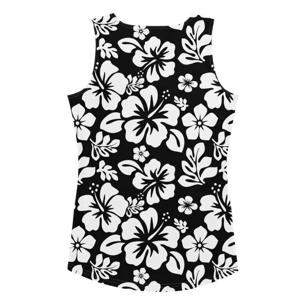 Black and White Hawaiian Flowers Women's Athletic Swim Tank Top