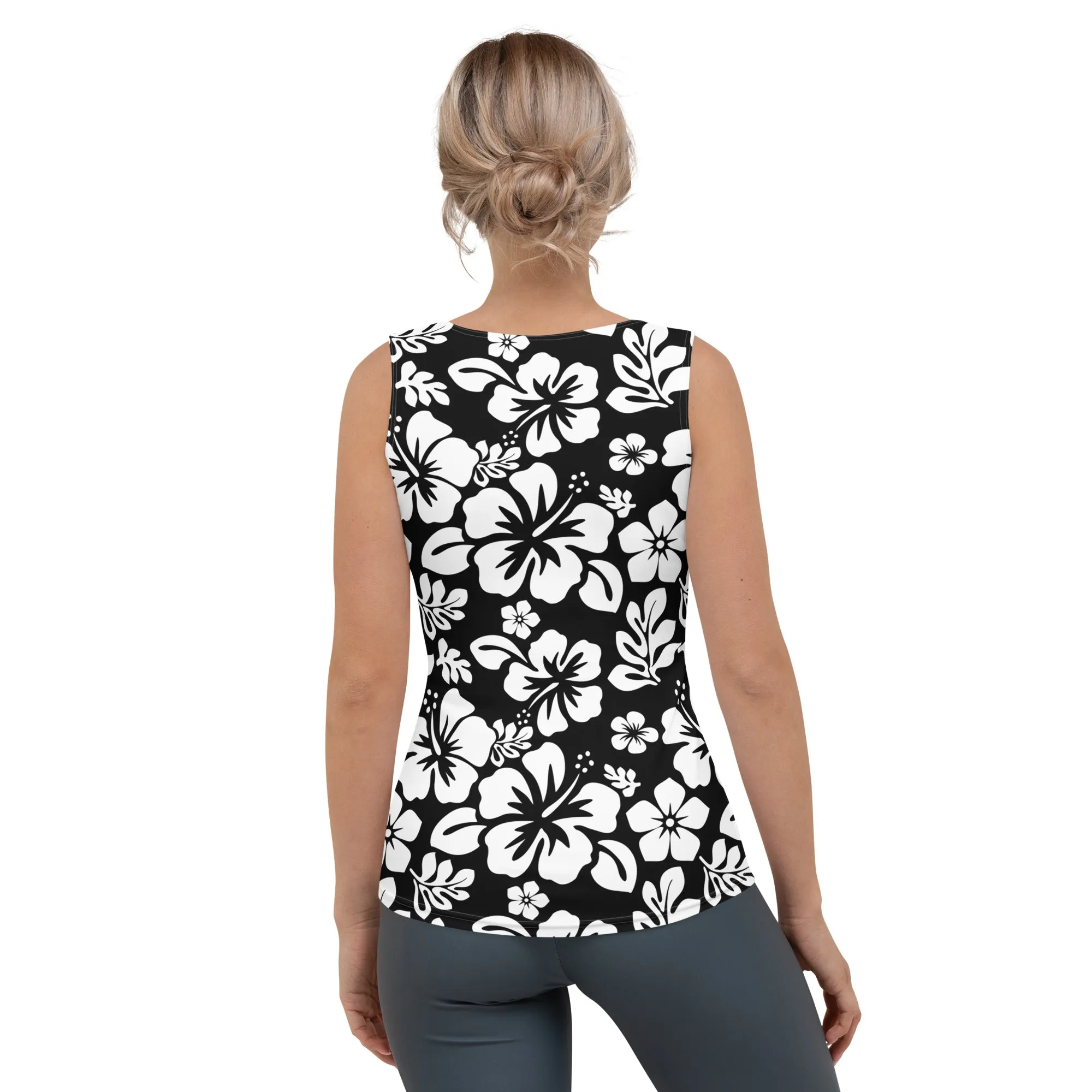 Black and White Hawaiian Flowers Women's Athletic Swim Tank Top