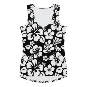 Black and White Hawaiian Flowers Women's Athletic Swim Tank Top