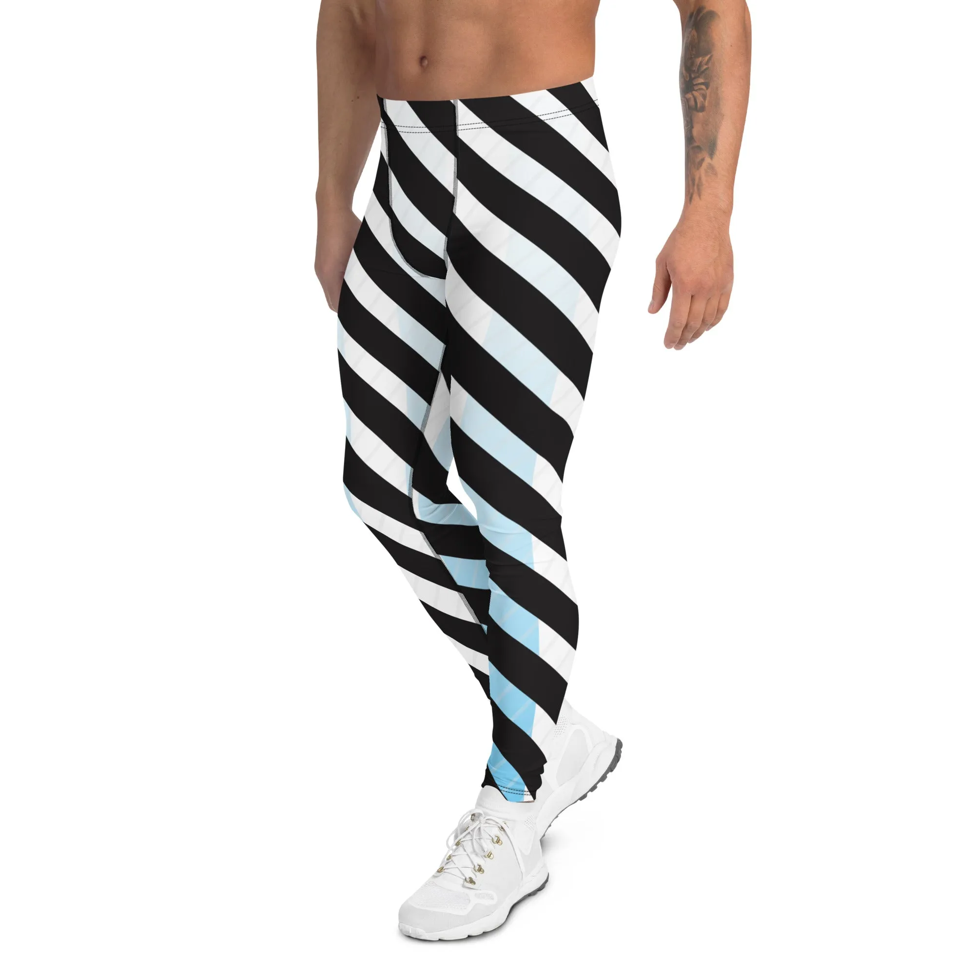 Black Blue Striped Meggings, White Blue and Black Colorful Diagonal Striped Men's Leggings For Men - Made in USA/EU/MX