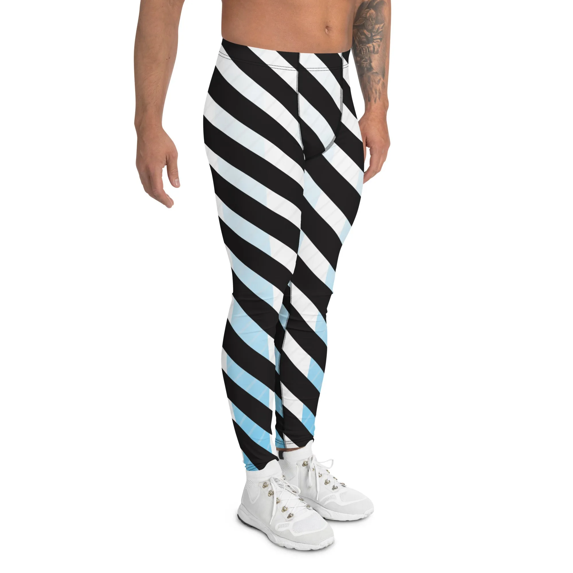 Black Blue Striped Meggings, White Blue and Black Colorful Diagonal Striped Men's Leggings For Men - Made in USA/EU/MX