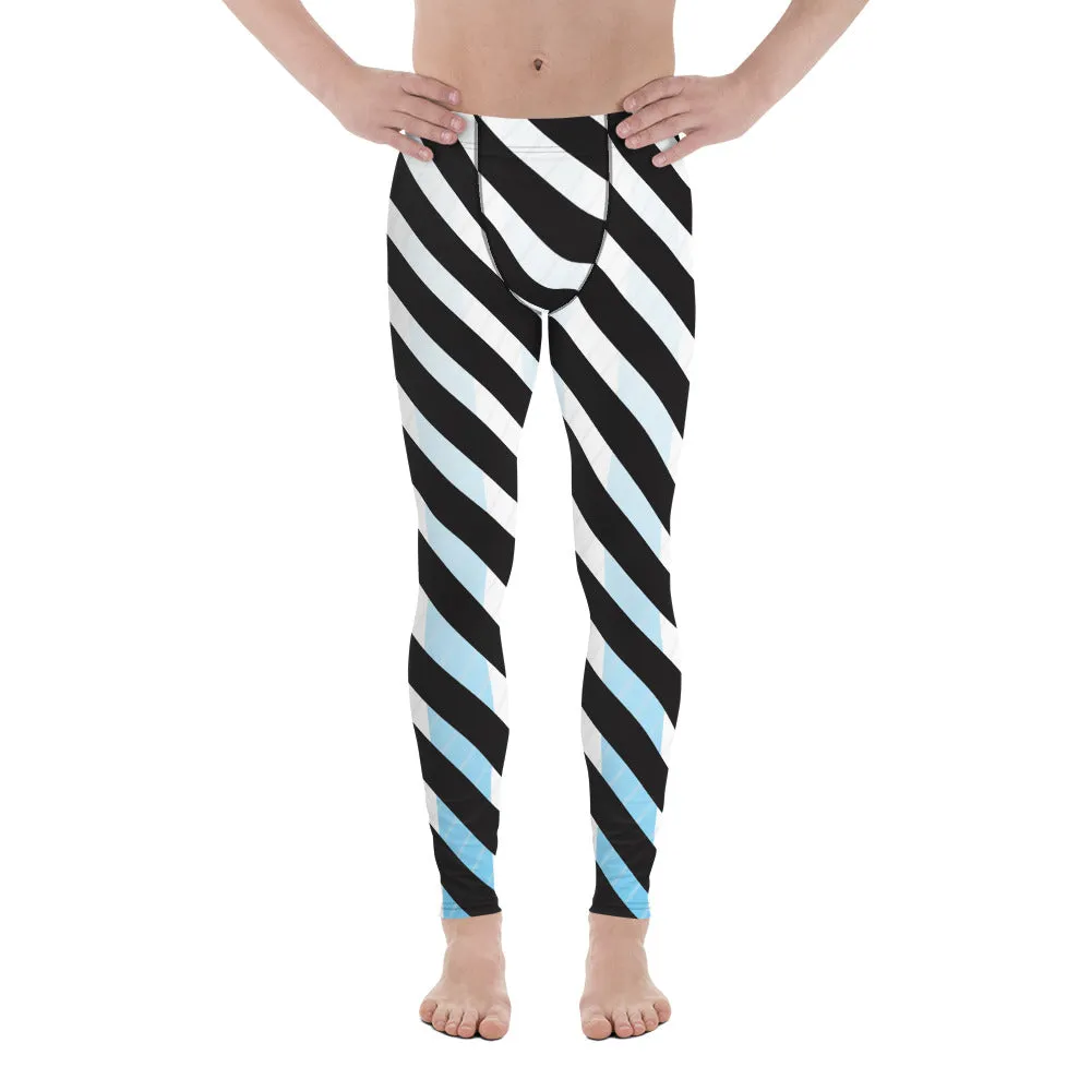 Black Blue Striped Meggings, White Blue and Black Colorful Diagonal Striped Men's Leggings For Men - Made in USA/EU/MX