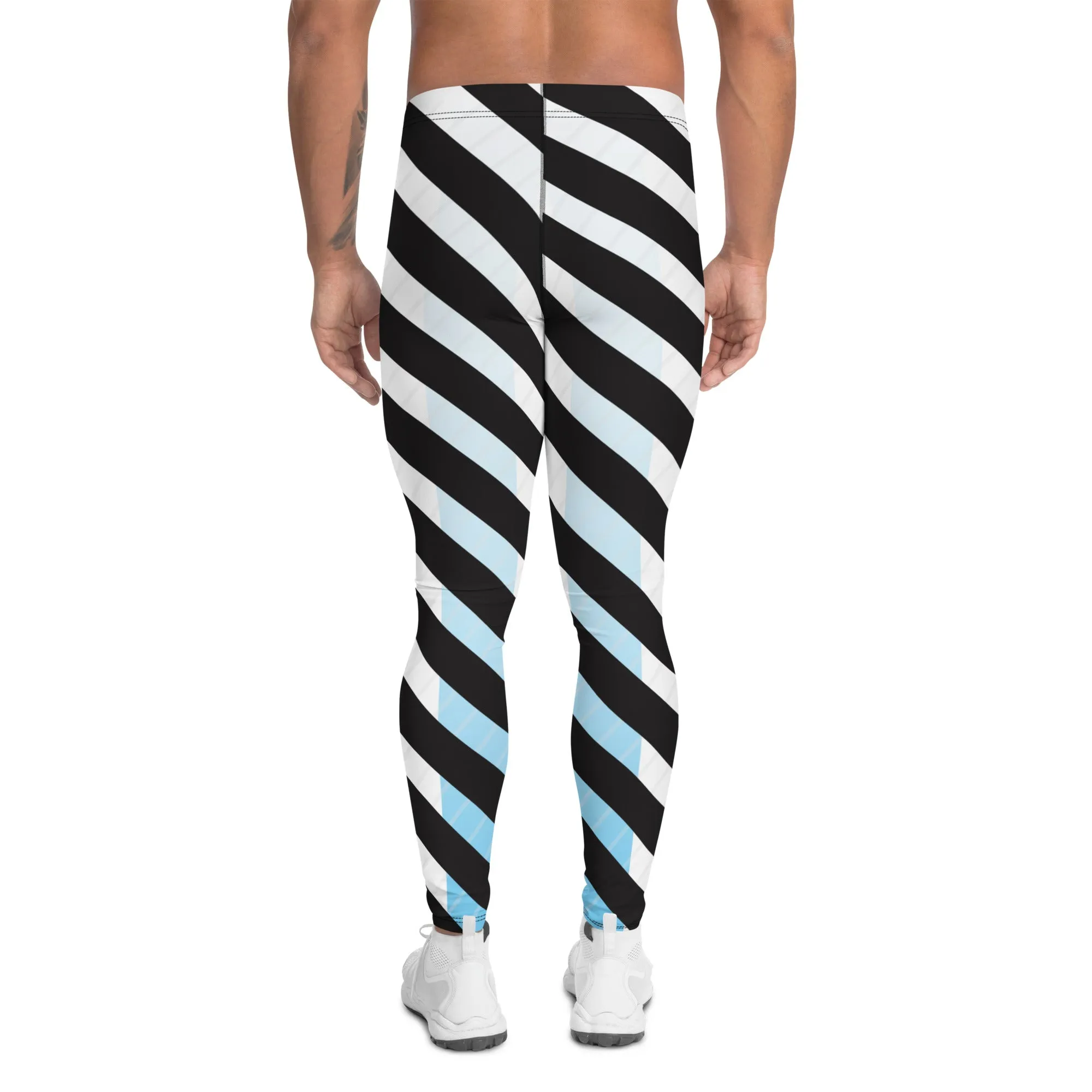 Black Blue Striped Meggings, White Blue and Black Colorful Diagonal Striped Men's Leggings For Men - Made in USA/EU/MX