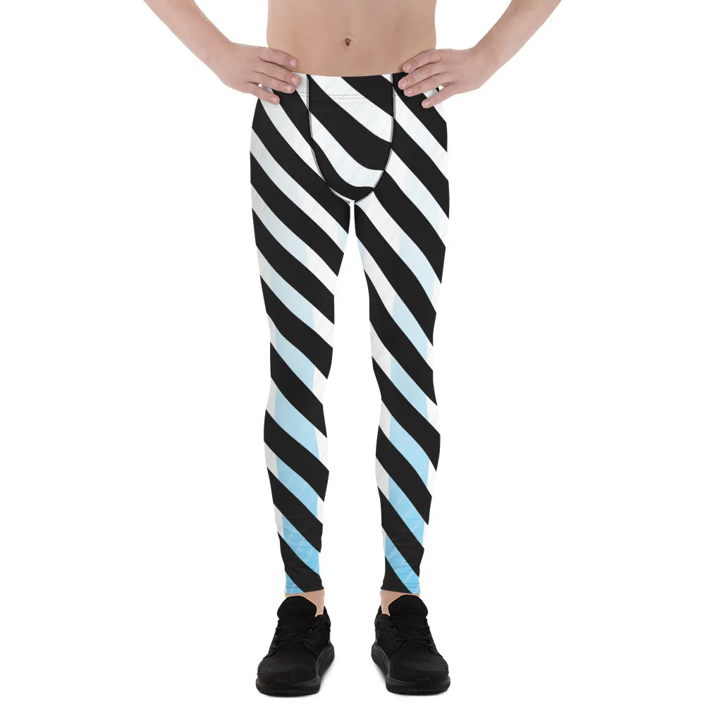 Black Blue Striped Meggings, White Blue and Black Colorful Diagonal Striped Men's Leggings For Men - Made in USA/EU/MX