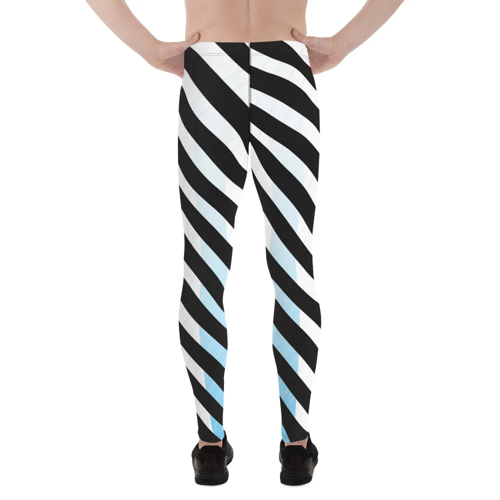 Black Blue Striped Meggings, White Blue and Black Colorful Diagonal Striped Men's Leggings For Men - Made in USA/EU/MX