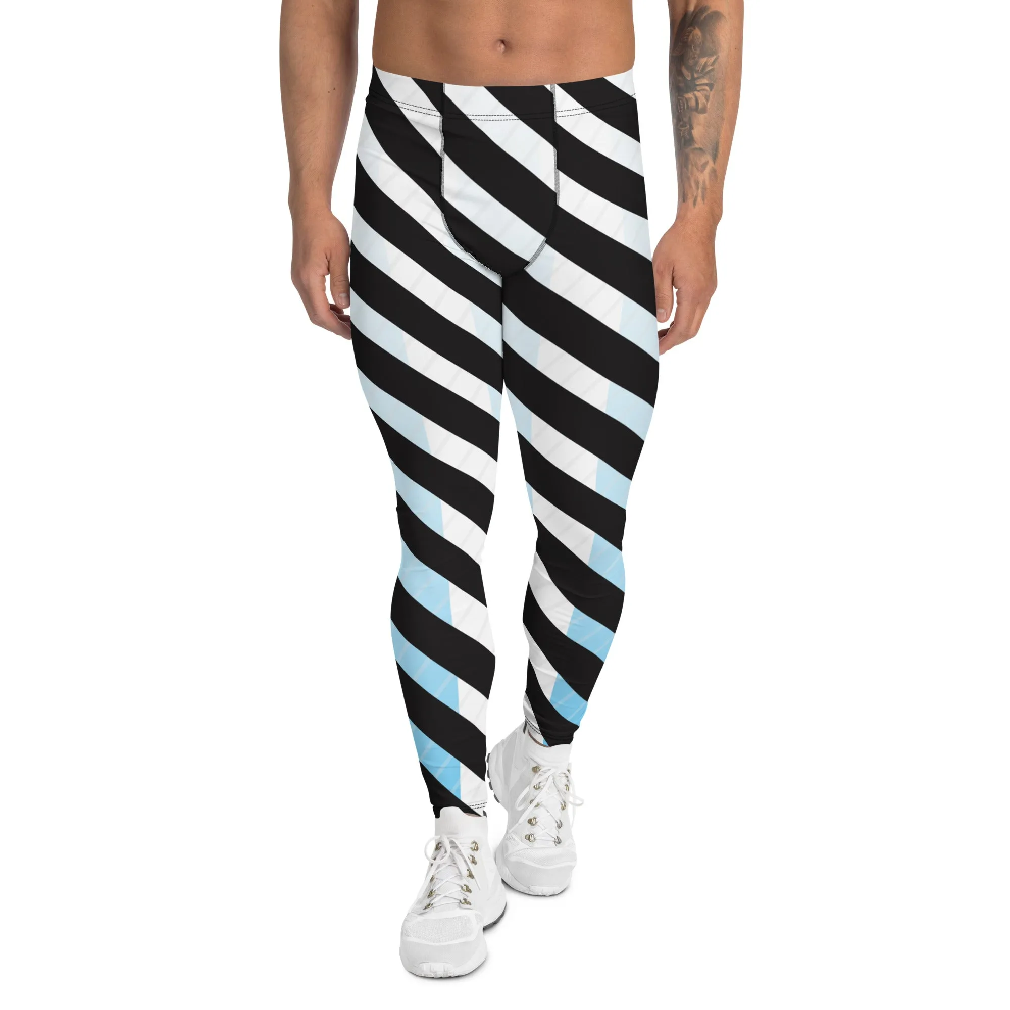 Black Blue Striped Meggings, White Blue and Black Colorful Diagonal Striped Men's Leggings For Men - Made in USA/EU/MX