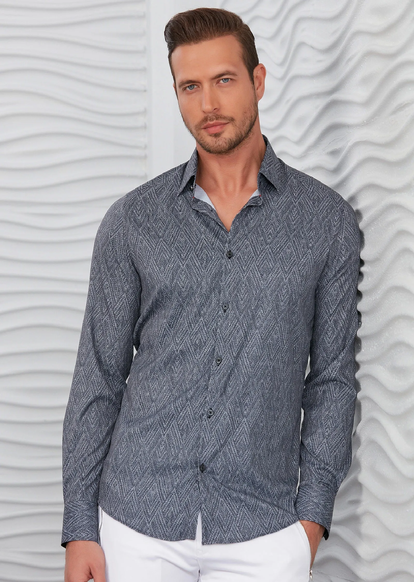 Black Gray Zigzag Silky Print Shirt