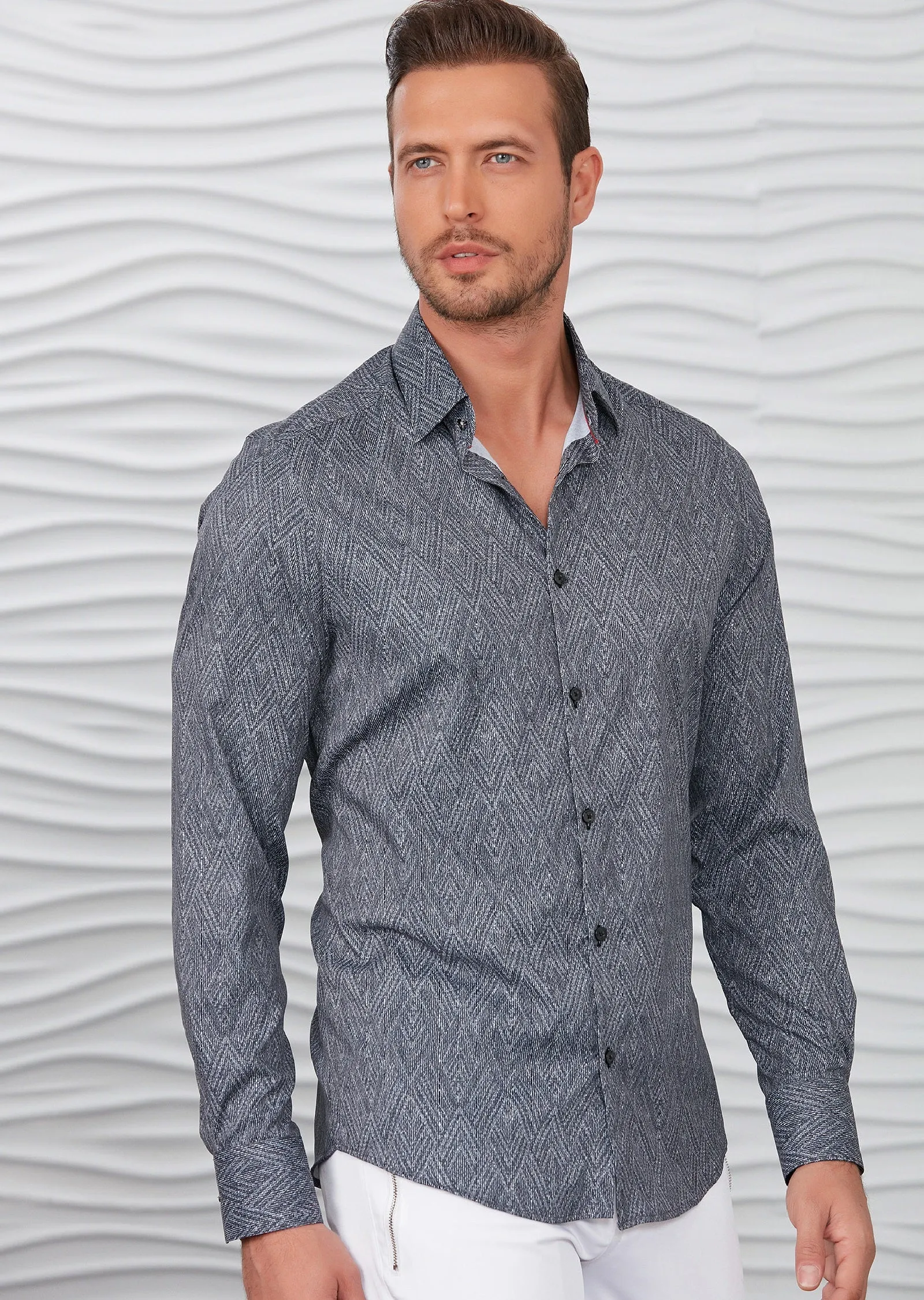 Black Gray Zigzag Silky Print Shirt