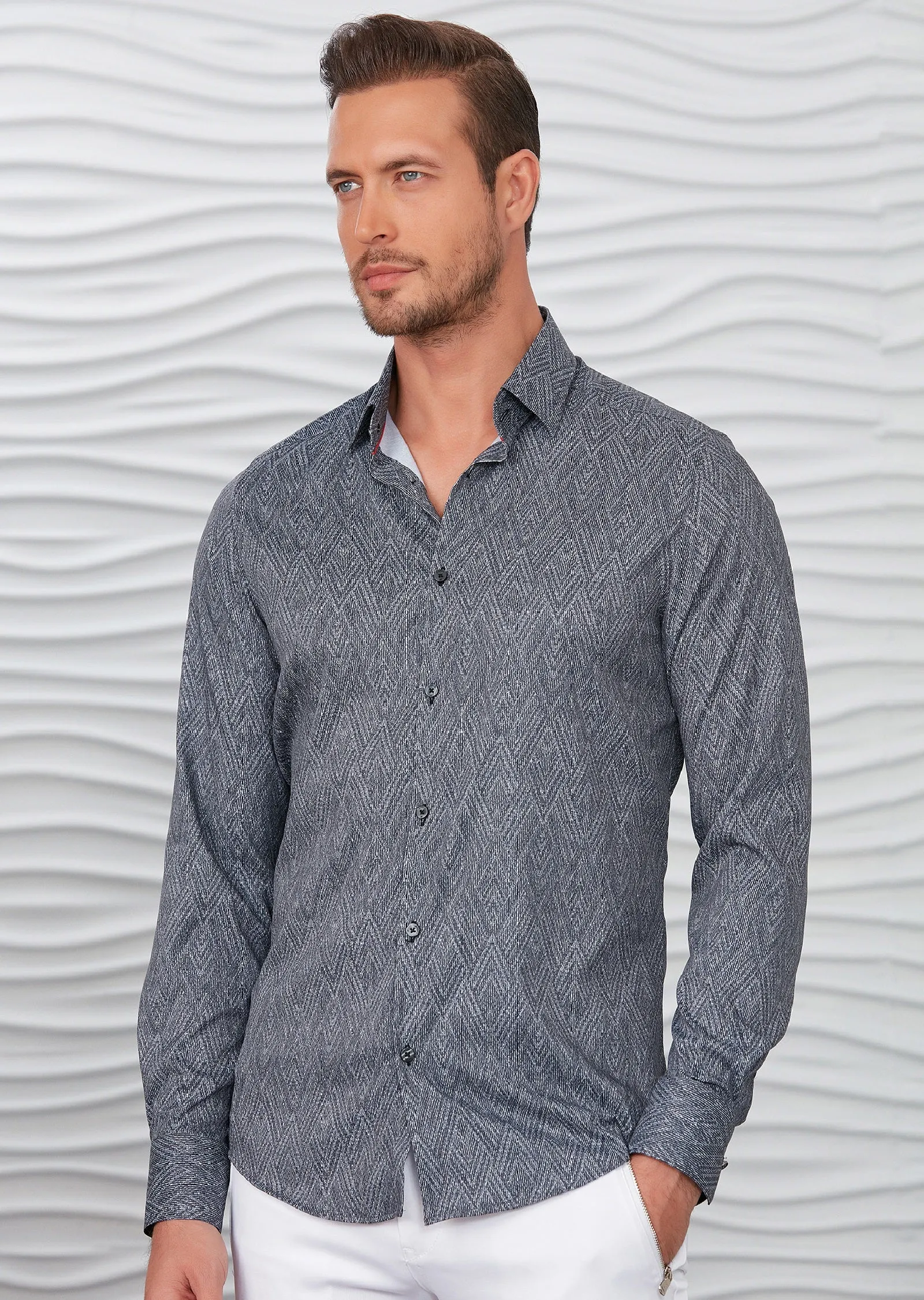 Black Gray Zigzag Silky Print Shirt