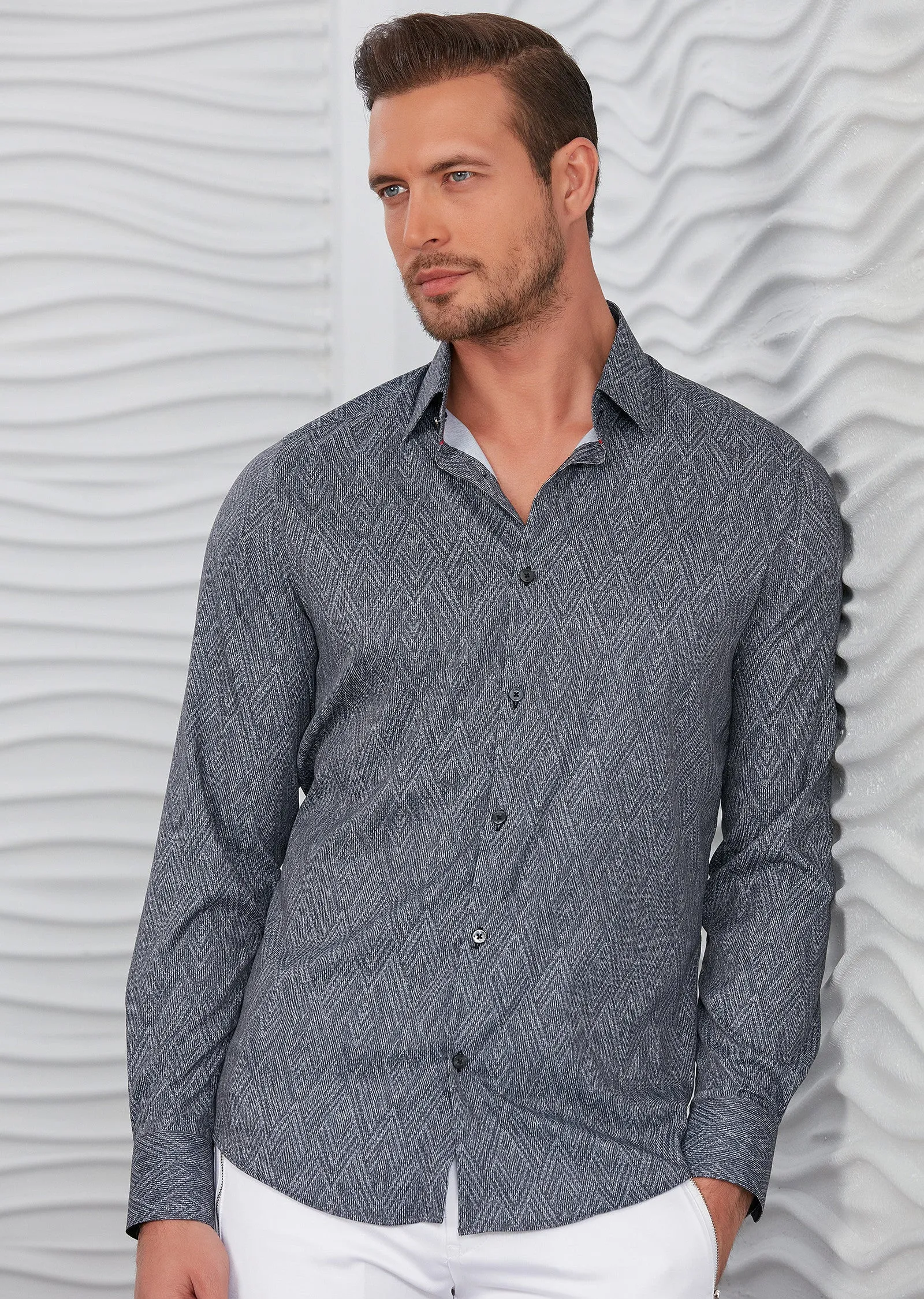 Black Gray Zigzag Silky Print Shirt