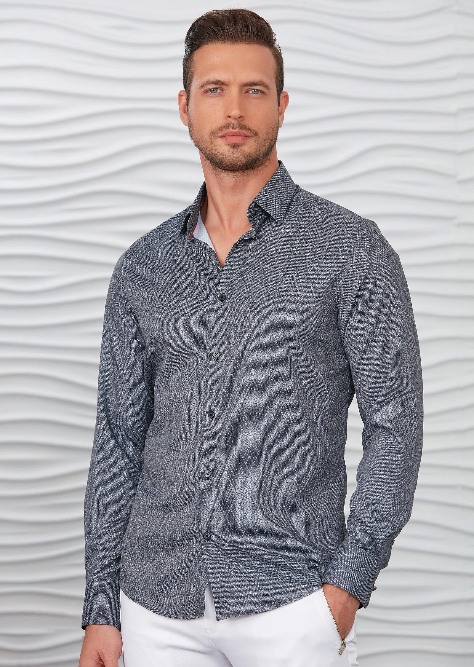 Black Gray Zigzag Silky Print Shirt