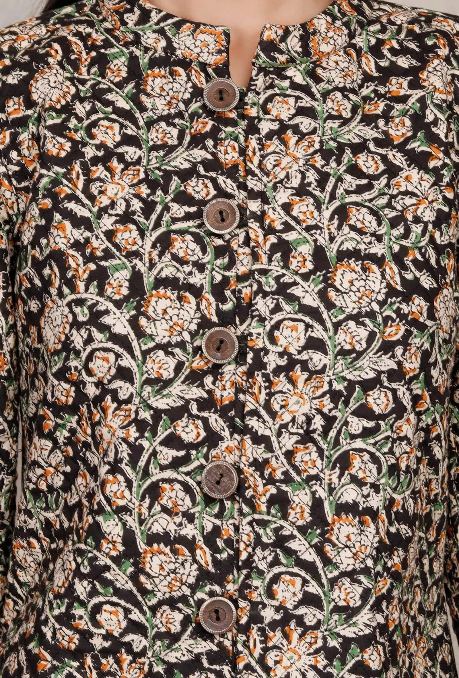 Black Kalamkari Printed Quilted Reversible Jacket