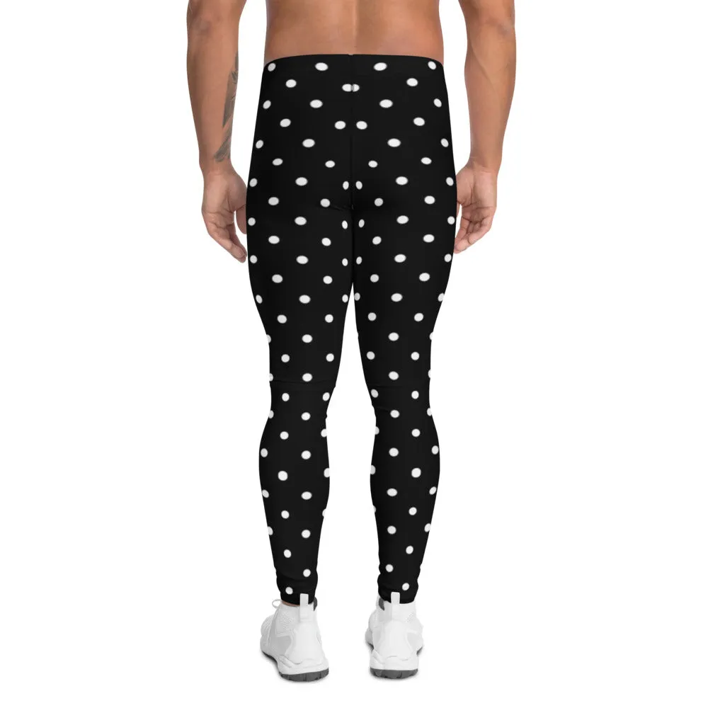 Black Polka Dots Men's Leggings, Classic Dotted Designer Best Meggings-Made in USA/EU/MX