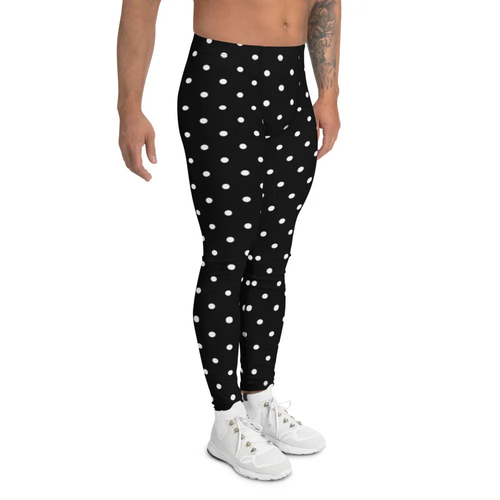 Black Polka Dots Men's Leggings, Classic Dotted Designer Best Meggings-Made in USA/EU/MX