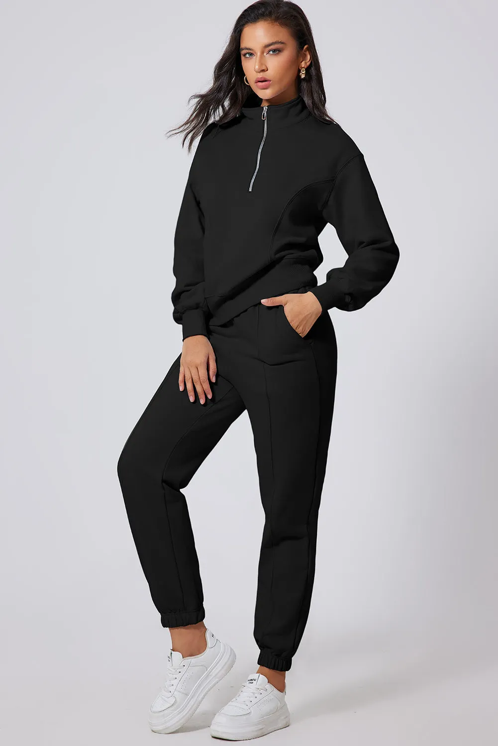 Black Solid Color Half Zip Up Pullover Top and Jogger Set