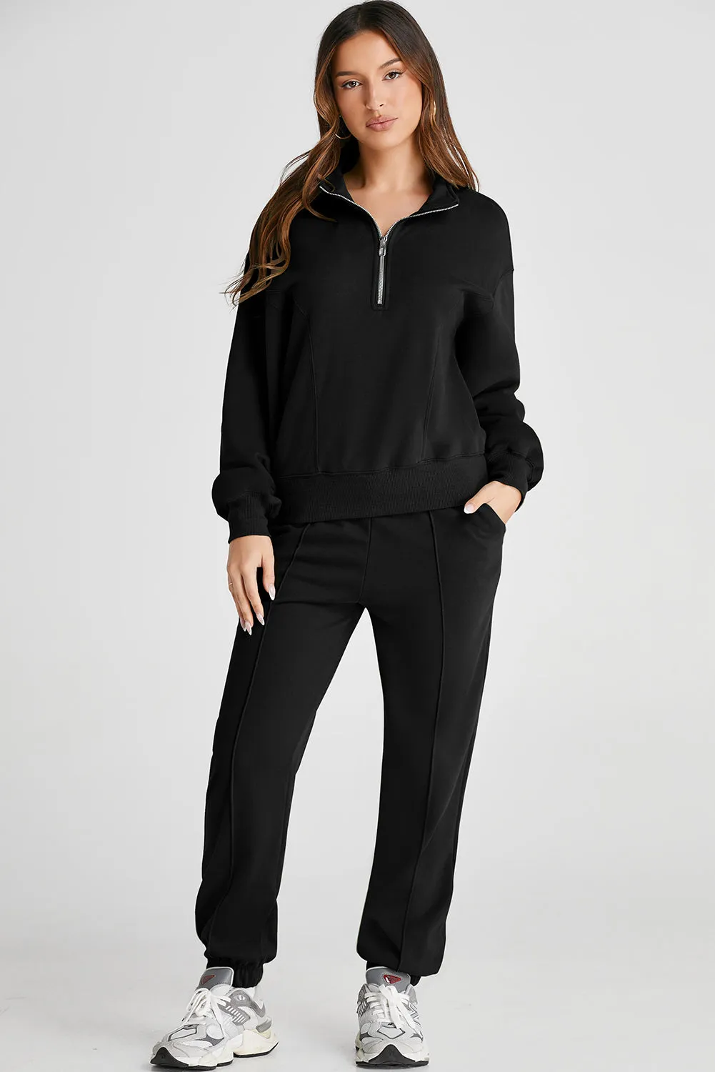 Black Solid Color Half Zip Up Pullover Top and Jogger Set