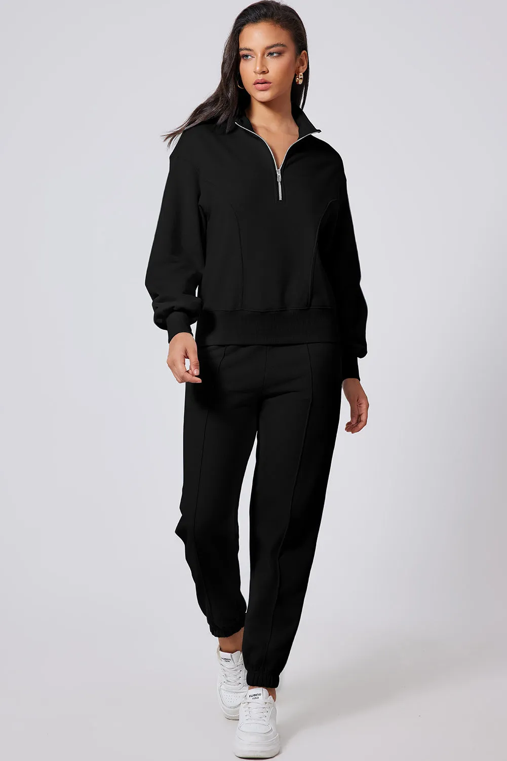 Black Solid Color Half Zip Up Pullover Top and Jogger Set