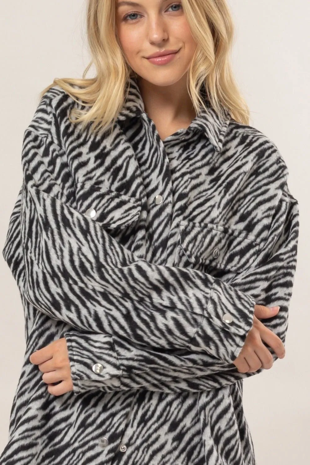 Black Zebra Print Snap Down Shacket