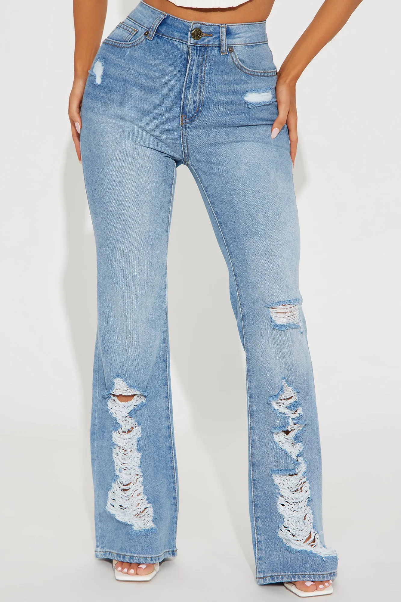 Blow Your Mind Ripped Hybrid Flare Jeans - Light Wash