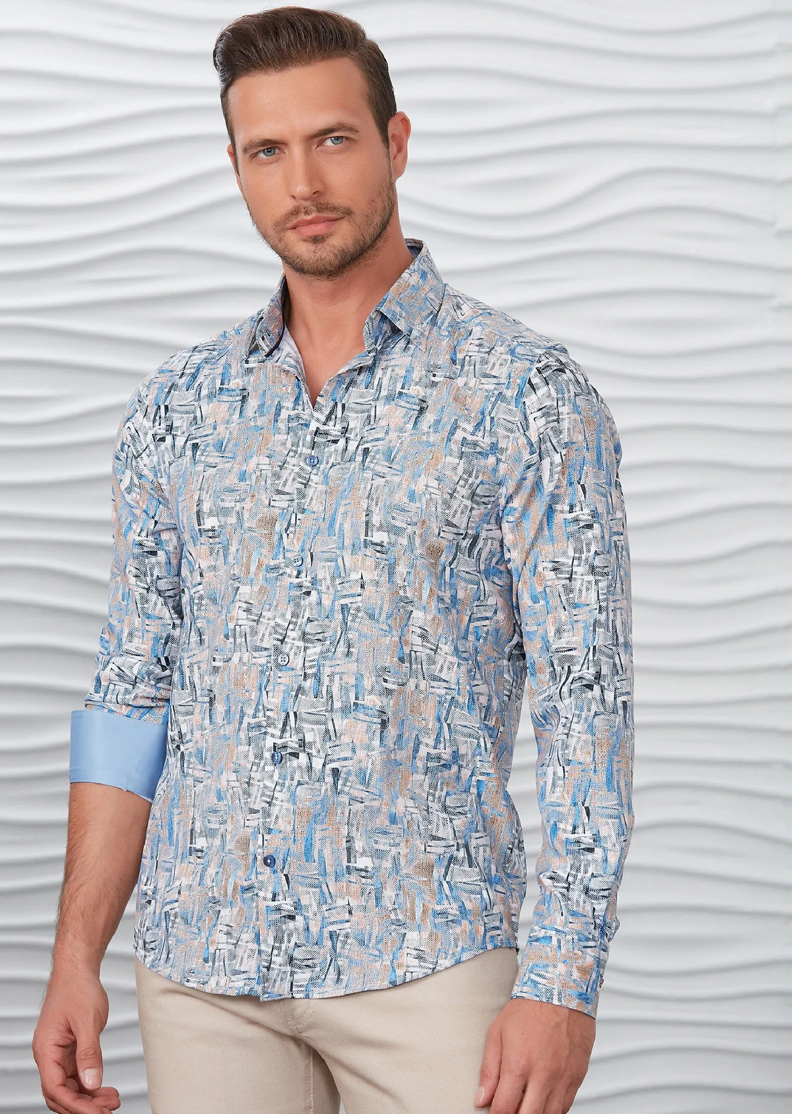 Blue Beige Brushstroke Silky Shirt