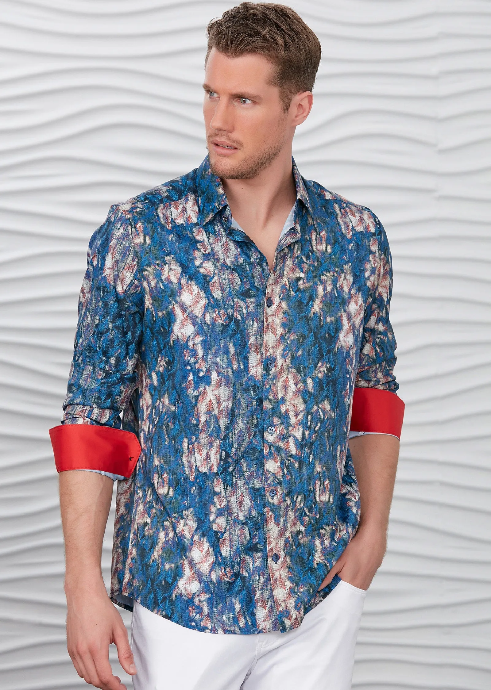 Blue Feather Pattern Silky Shirt