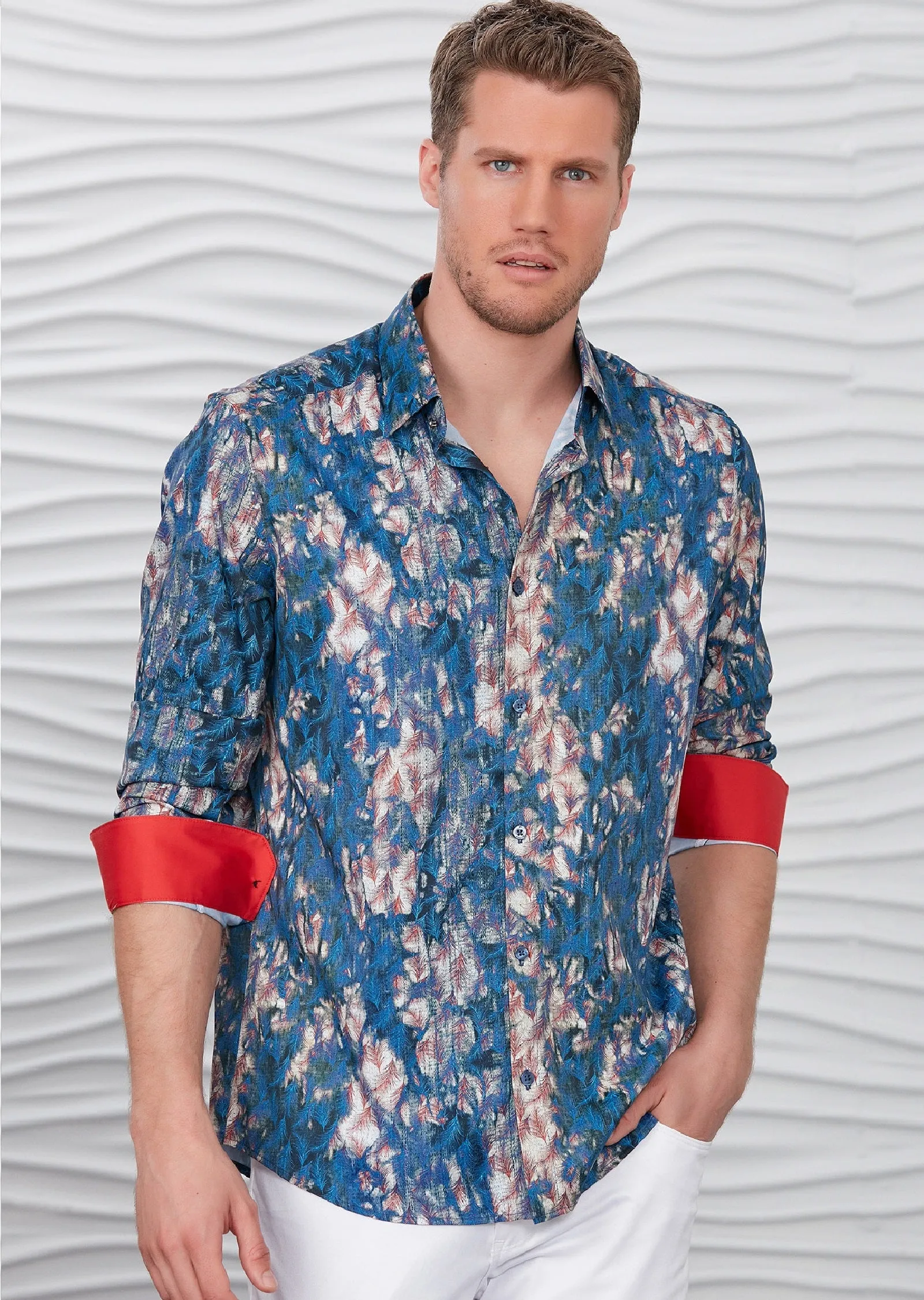 Blue Feather Pattern Silky Shirt