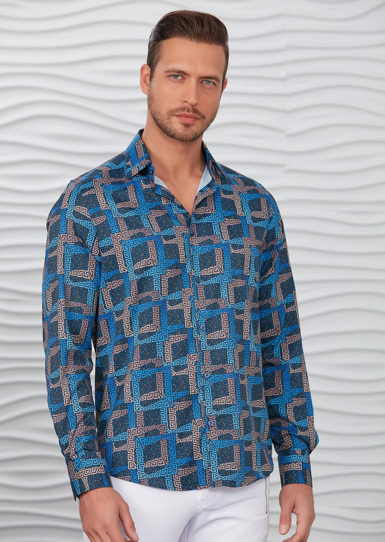 Blue Meander Print Silky Shirt