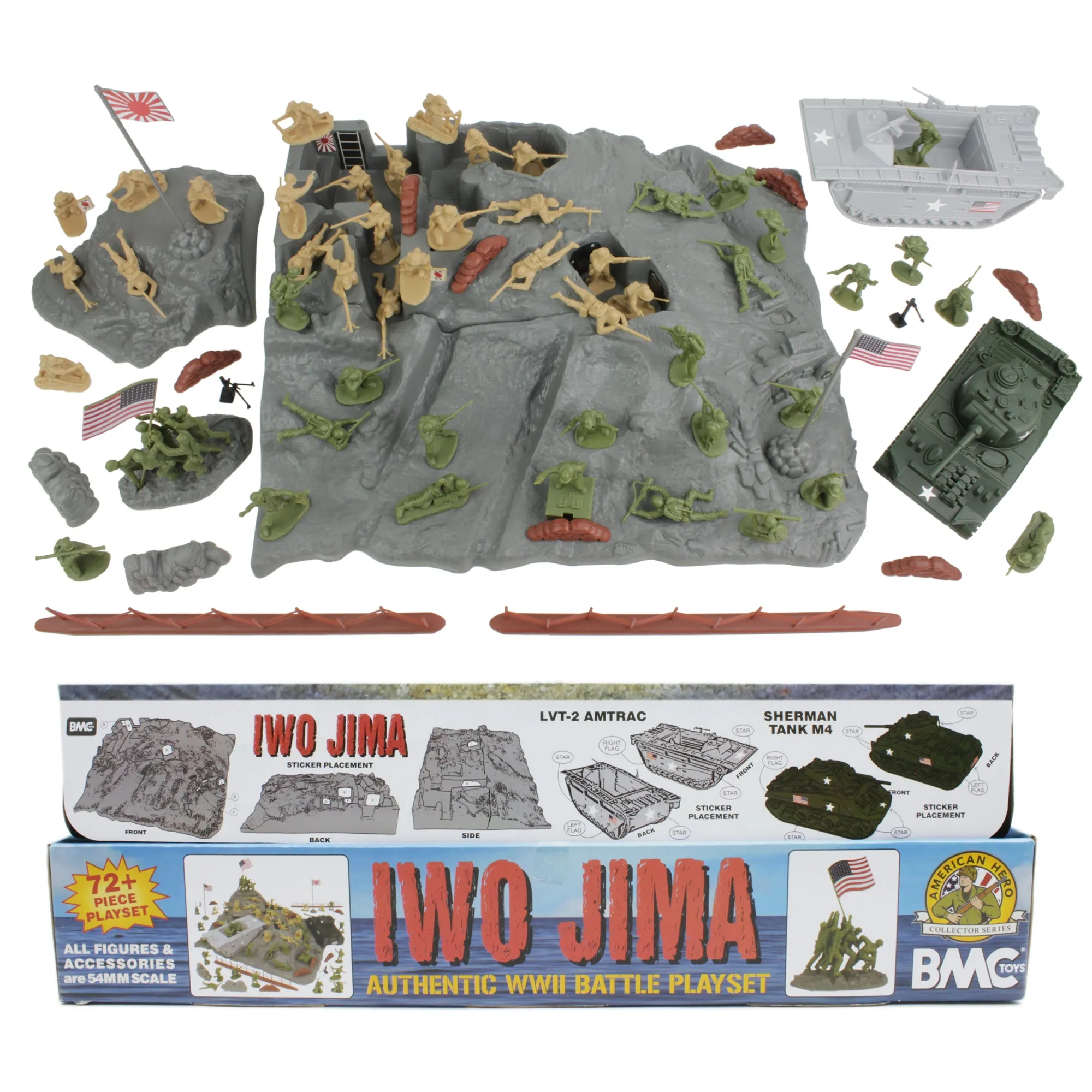 BMC WW2 Iwo Jima Plastic Army Men - Island, Tanks & Soldiers 72pc Playset