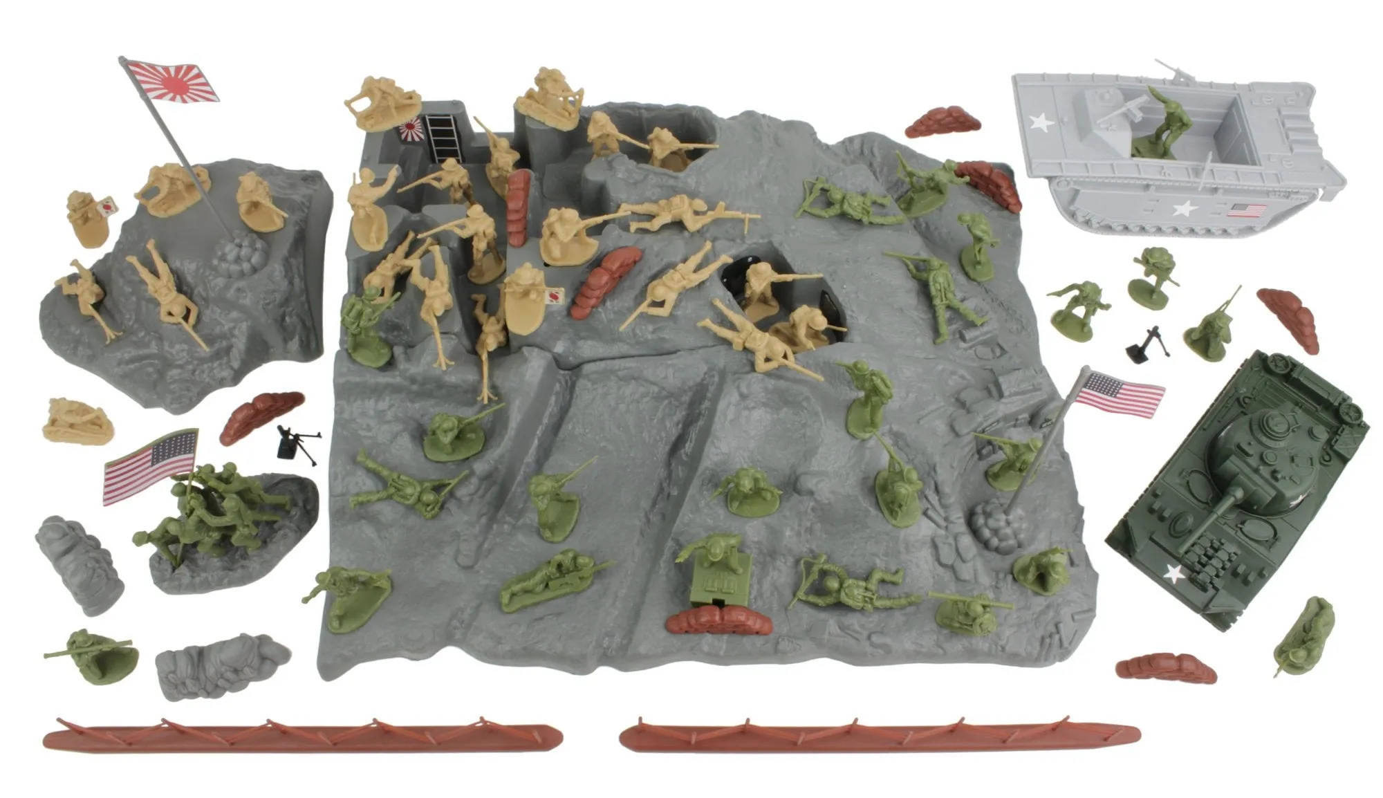 BMC WW2 Iwo Jima Plastic Army Men - Island, Tanks & Soldiers 72pc Playset