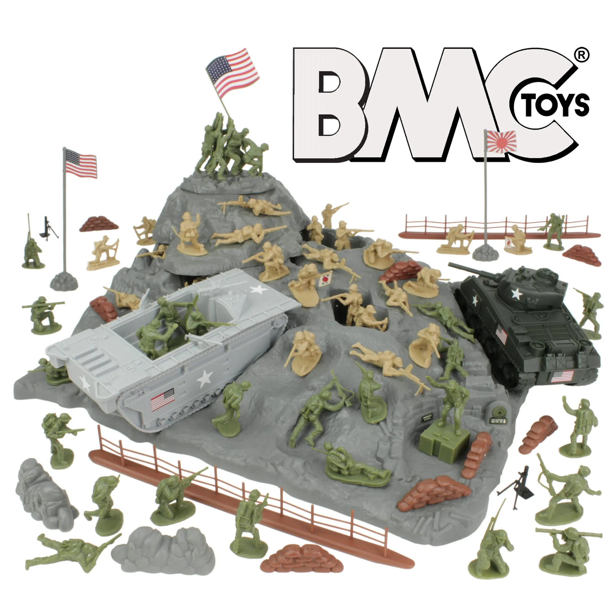 BMC WW2 Iwo Jima Plastic Army Men - Island, Tanks & Soldiers 72pc Playset