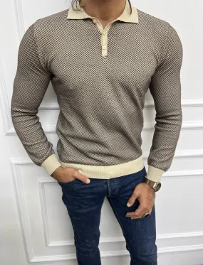 Bojoni Astoria Beige Slim Fit Polo Sweater