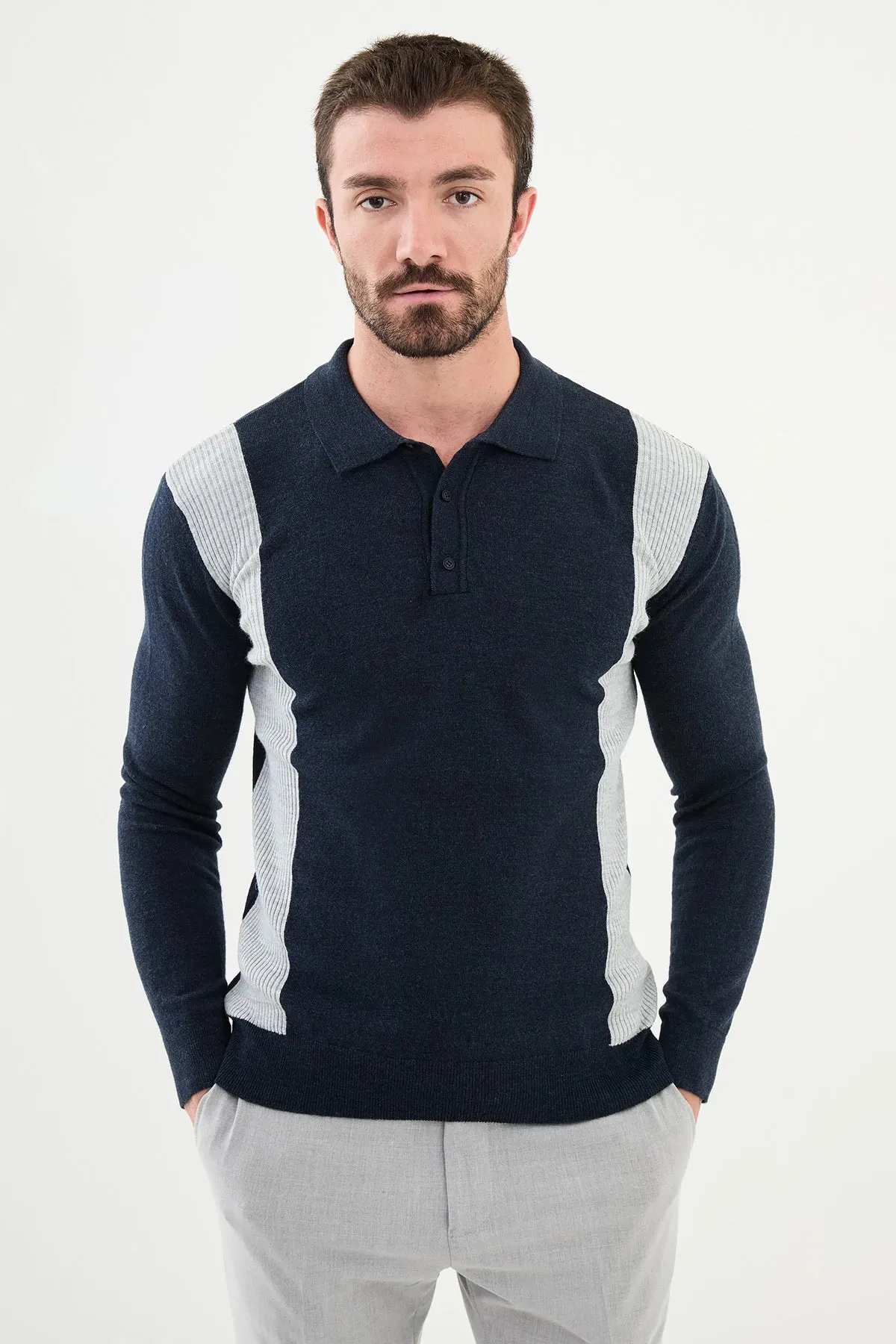 Bojoni Capena Pieced Slim Fit Polo Collar Navy Blue Knitwear Sweater