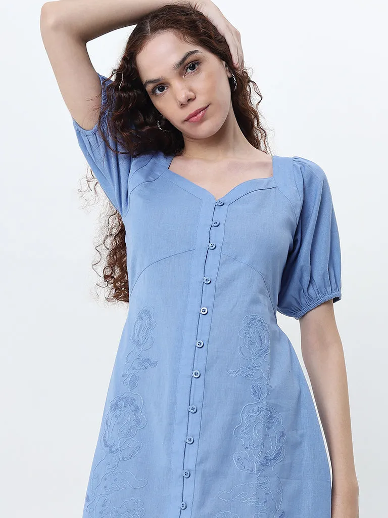 Bombay Paisley Blue Embroidered A-Line Cotton Blend Dress