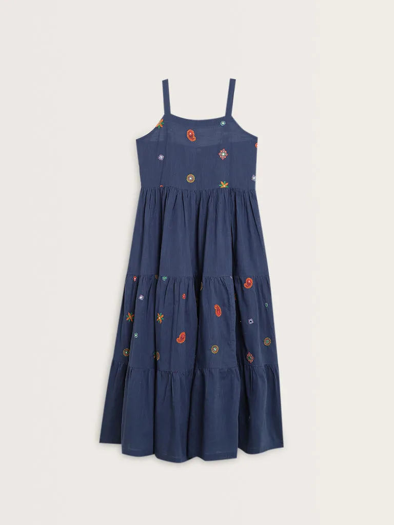 Bombay Paisley Dark Blue Embroidered A-Line Cotton Dress